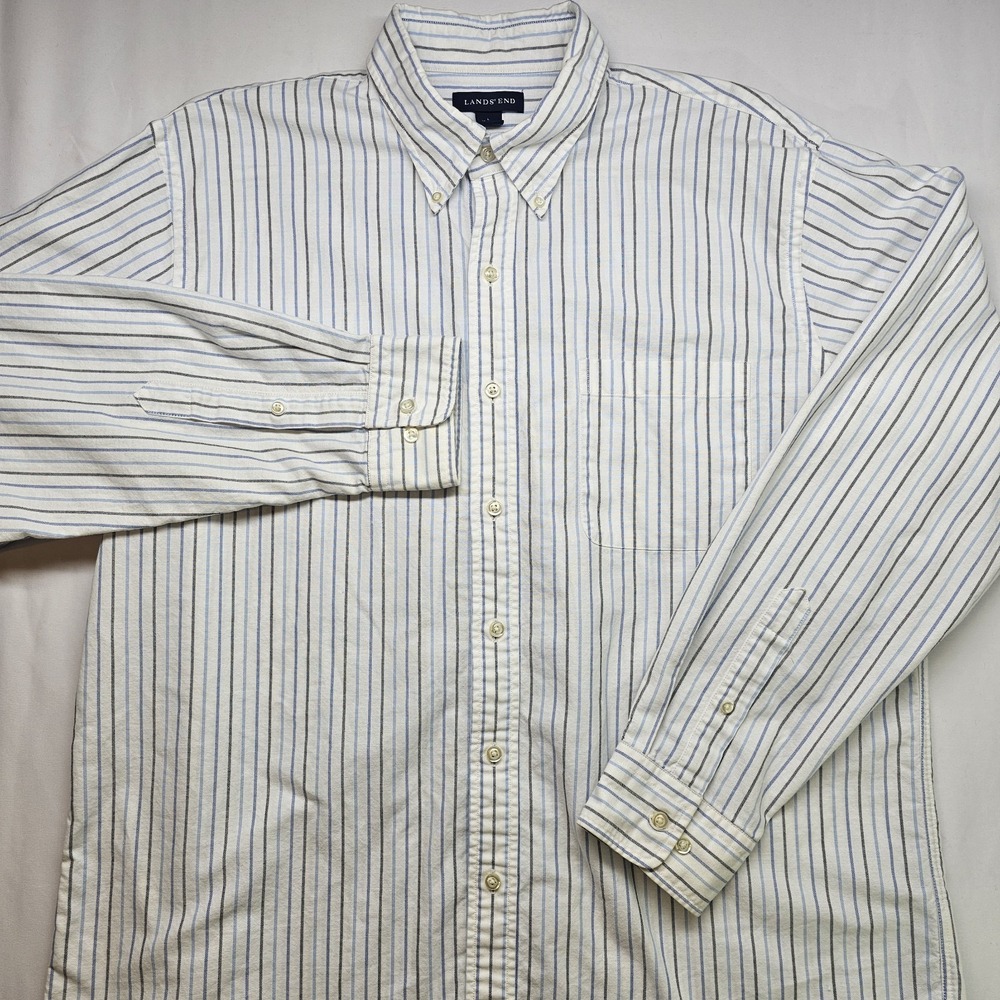 Lands End Mens L 16-16.5 Button Down Shirt 100% Cotton Blue Stripe Long Sleeve